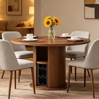 Dining Table for 4, 31“ Round Dining Room Kitchen Table with 2-Tier Storage Shelf & Wine Rack, Fluted Wood Table with Slide Door, Wood Oval Dinner Furniture(Walnut-Non Extensible, 31 Inch)