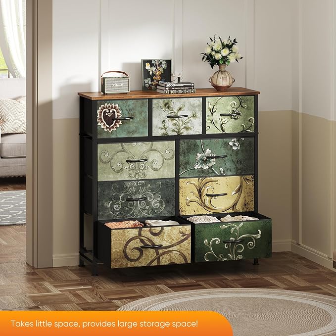 DUMOS 9 Drawer Dresser for Bedroom, Storage Organizer Chest of Drawers | Fabric Bins Storage Tower with Sturdy Metal Frame, Wood Tabletop for Closet, Vintage