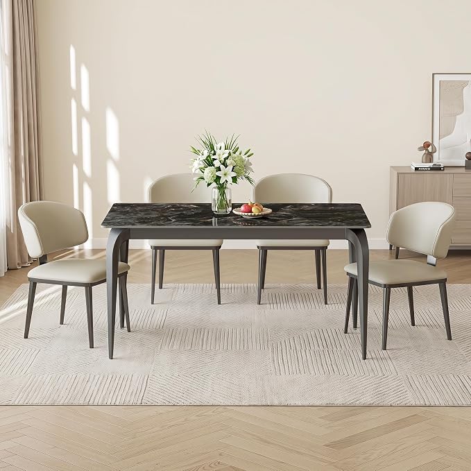 59" Black Rectangular Sintered Stone Dinner Table | Fits Modern and Farmhouse Style for Indoor,Outdoor,Kitchen,Apartment,Small Space,Picnic Use，Household Dinner Table