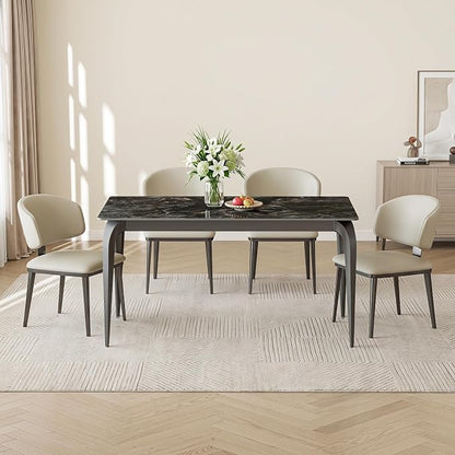 55" Black Rectangular Sintered Stone Dinner Table | Fits Modern and Farmhouse Style for Indoor,Outdoor,Kitchen,Apartment,Small Space,Picnic Use，Household Dinner Table