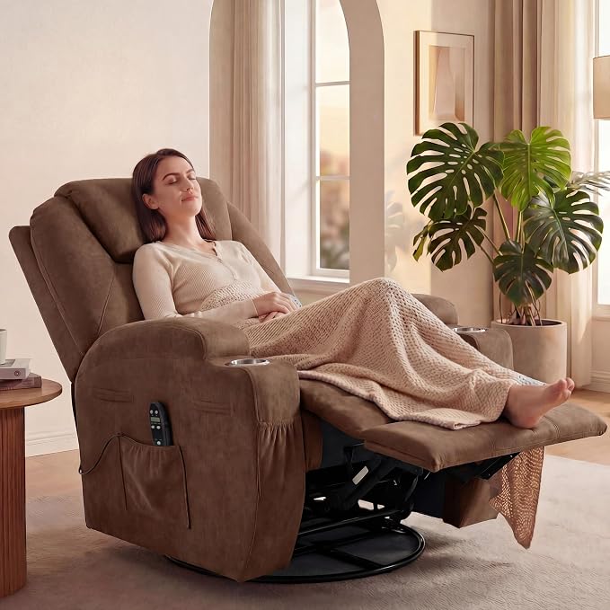 JUMMICO Small Swivel Rocker Recliner, 360 Rocking Chair Recliner with Massage, Upholstered Fabric Rocker Recliner with Cup Holder for Living Room, Bedroom, Nursery (Brown)