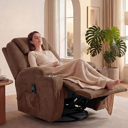 JUMMICO Small Swivel Rocker Recliner, 360 Rocking Chair Recliner with Massage, Upholstered Fabric Rocker Recliner with Cup Holder for Living Room, Bedroom, Nursery (Brown)