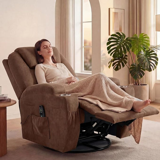 JUMMICO Small Swivel Rocker Recliner, 360 Rocking Chair Recliner with Massage, Upholstered Fabric Rocker Recliner with Cup Holder for Living Room, Bedroom, Nursery (Brown)