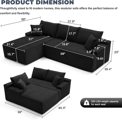 Mangodan Cloud Sectional Sofa, Boneless Couch for Living Room, Modular Sectional Sofa with Deep Seat, Fluffy Comfy Couch with L-Shaped Chaise, No Assembly Required, Black