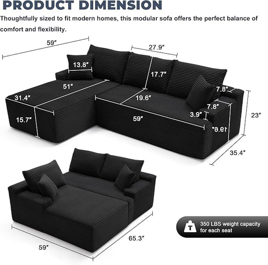 Mangodan Cloud Sectional Sofa, Boneless Couch for Living Room, Modular Sectional Sofa with Deep Seat, Fluffy Comfy Couch with L-Shaped Chaise, No Assembly Required, Black
