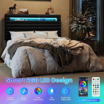 SHA CERLIN Queen Bed Frame with LED Light & 2-Tier Storage Shelf, Velvet Upholstered Adjustable Headboard with Charing Station, Horizontal Channel Tufted, No Box Spring Needed, Easy Assembly, Black