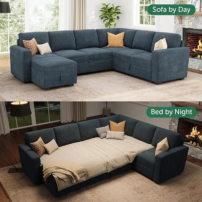 HONBAY Modular Sectional Sleeper Sofa, Corduroy Sleeper Pull-Out Bed Couch with Storage, U Shaped Sectional Couches for Living Room, Blue