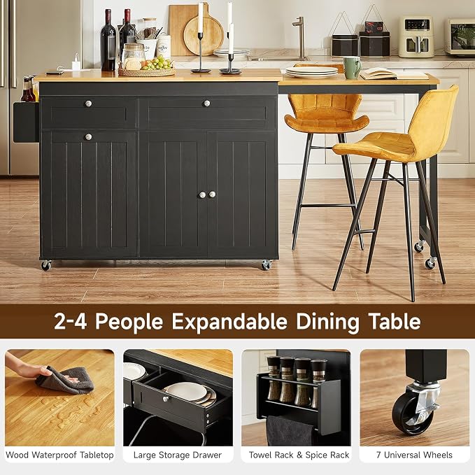 ONBRILL Kitchen Islands with Extendable Dining Table, 81.7" Mobile Kitchen Storage Islands, Rolling Kitchen Cart with Trash Cabinet, Power Outlet, Spice Rack & Towel Rack, Black