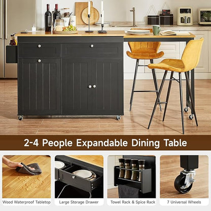 ONBRILL Kitchen Islands with Extendable Dining Table, 81.7" Mobile Kitchen Storage Islands, Rolling Kitchen Cart with Trash Cabinet, Power Outlet, Spice Rack & Towel Rack, Black