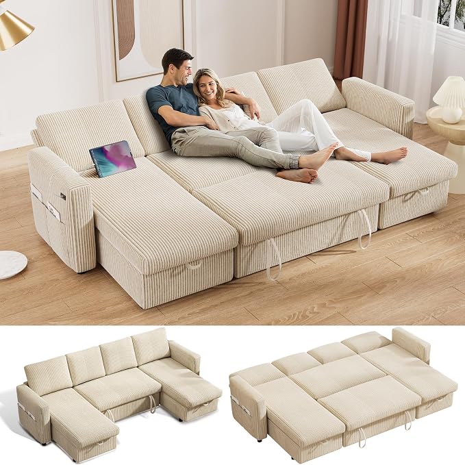 Vipbear 104" Sectional Sleeper Sofa Bed with Pull Out Bed, U Shaped Couch Pull Out Couch with Reclining Backrest, Reversible Storage Chaise, USB Ports, Tool-Free Assembly, Corduroy Beige