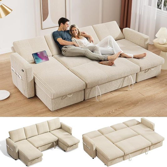 Vipbear 104" Sectional Sleeper Sofa Bed with Pull Out Bed, U Shaped Couch Pull Out Couch with Reclining Backrest, Reversible Storage Chaise, USB Ports, Tool-Free Assembly, Corduroy Beige