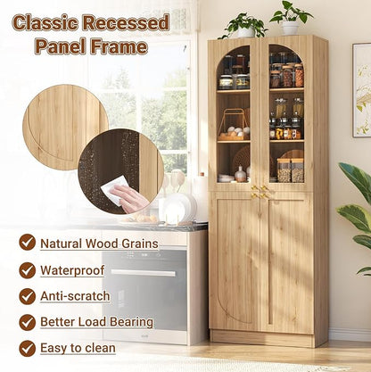 Cyclysio 80" Kitchen Pantry, Tall Arch Storage Cabinet with Tempered Glass & Soft Close Doors, Freestanding Wood Floor Cupboard Bookcase with Seamless Fit Wall for Dining Room, Living Room, Bathroom