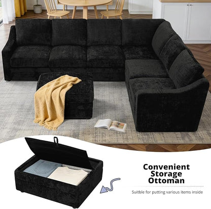 115 Inches Chenille Sectional Sofa with Storage Ottoman, Modern 7 Seats Corner Couch with Deep Seat, Comfy Modular U Shaped Couch with Comfortable Cushions for Living Room, Black