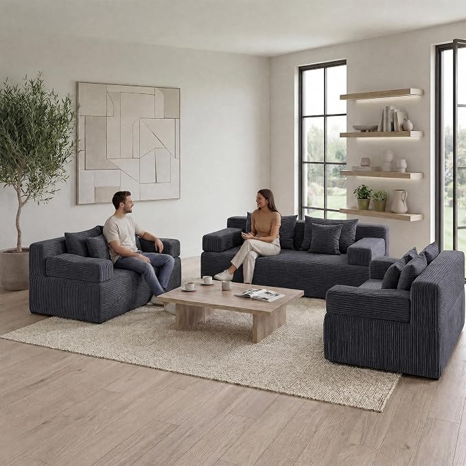 MONVANE 3-Piece Boneless Loveseat Couch Set for Living Room, Oversized Modular Sectional Sofa Set with Removable Armrests, Comfy Corduroy Cloud Couch with 12 Pillows, No Assembly Required, Grey