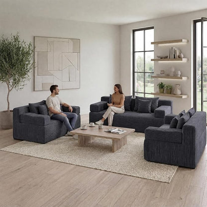 MONVANE 3-Piece Boneless Loveseat Couch Set for Living Room, Oversized Modular Sectional Sofa Set with Removable Armrests, Comfy Corduroy Cloud Couch with 12 Pillows, No Assembly Required, Grey