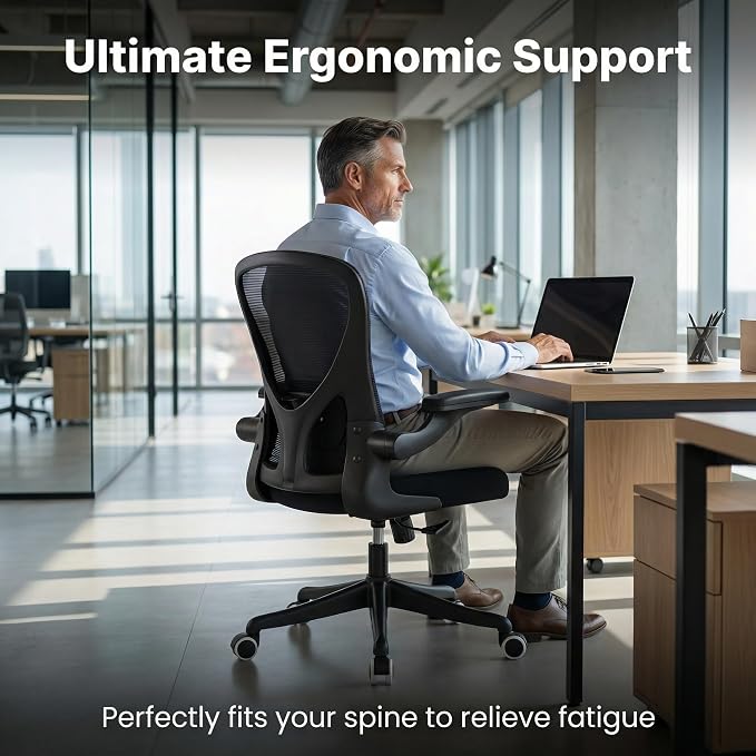 Ergonomic Office Chair with Adjustable Lumbar Support & Flip-Up Armrests - High Back Computer Desk Chair with Thickened Seat Cushion, Rolling Wheels for Home/Office Study Work (01Blcak)