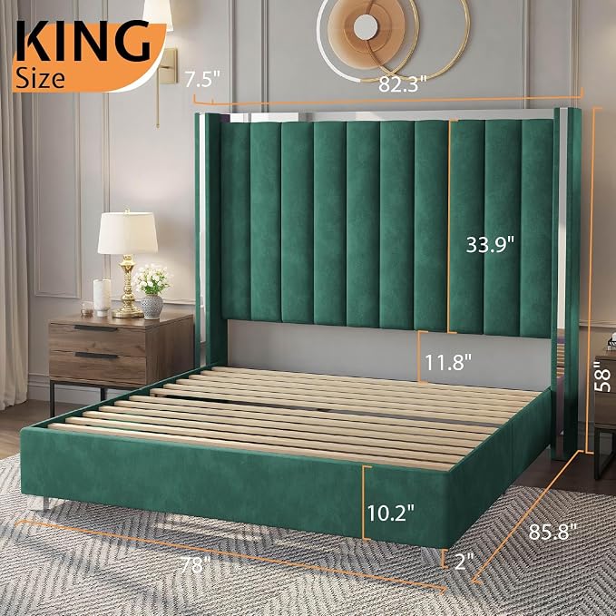Jocisland Bed Frame with 58" Tall Headboard, Platform Velvet Upholstered Bed with Channel Tufted Wingback Headboard and Plating Trim, No Box Spring Needed (Green, King (U.S. Standard))