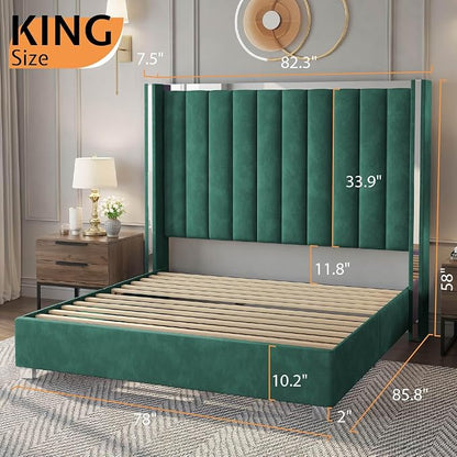 Jocisland Bed Frame with 58" Tall Headboard, Platform Velvet Upholstered Bed with Channel Tufted Wingback Headboard and Plating Trim, No Box Spring Needed (Green, King (U.S. Standard))
