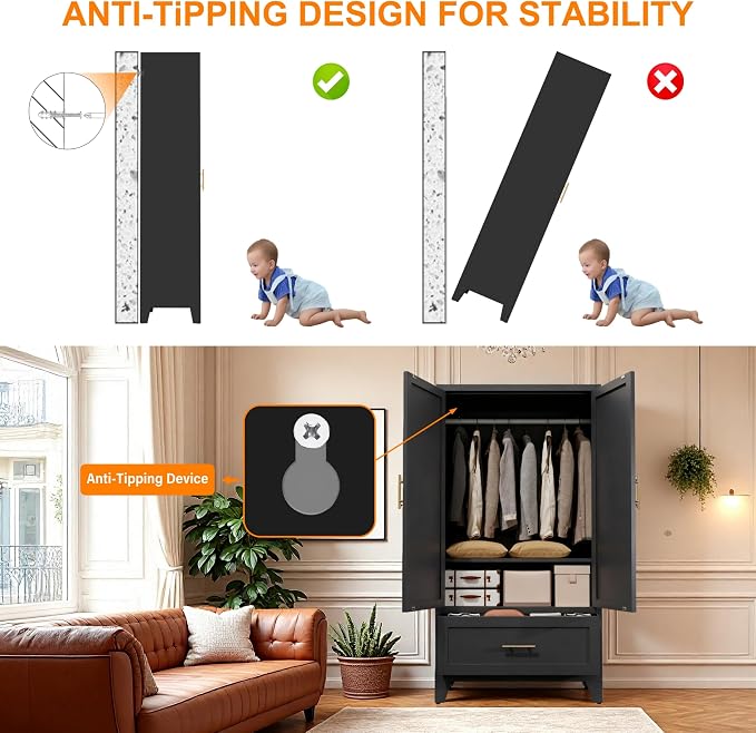 60" Matte Black Metal Storage Cabinet with 2 Doors, Drawer, Interior Rail and Adjustable Shelf, Freestanding Utility Cabinet for Office, Laundry Room, Entryway, Garage and Home Storage