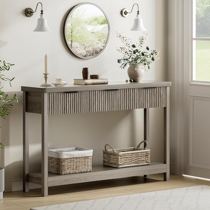 Lulive Fluted Console Table, 51 Inch Entryway Table with 3 Drawers | Scandi farmhouse look with quiet full-extension slides, open lower shelf, profile for hallway, entry, foyer or behind sofa.