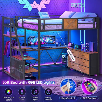 Itaar Full Size Loft Bed with Desk and Storage Stairs, Metal Loft Bed with 6 Storage Drawers, Hall Tree, LED Lights and Power Outlet, for Kids, Teens, Adults, (Rustic Brown, Full)