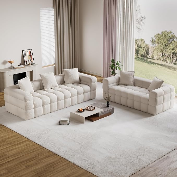 Chenille Cloud Sofa Couch Set with 5 Soft Pillows,Comfy Upholstered LoveSeat Sofa Set,Modern Deep Seat Sherpa Cloud Couch, Oversized Love Seat for Living Room,Beige White