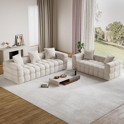 Chenille Cloud Sofa Couch Set with 5 Soft Pillows,Comfy Upholstered LoveSeat Sofa Set,Modern Deep Seat Sherpa Cloud Couch, Oversized Love Seat for Living Room,Beige White