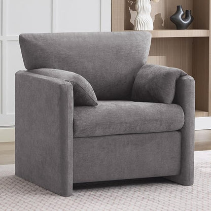 Oversized Accent Chair for Living Room, 32.68" Large Modern Armchair with Deep Seat, Mid-Century Comfy Reading Chair with Padded Arms, Chenille Single Sofa Chairs for Bedroom, Light Grey