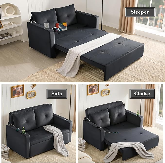 Krcix 3 in 1 Pull Out Couch, 56 Inch Velvet Sofa Bed, Convertible Sleeper Sofa for Living Room, Small Space, Upholstered Loveseat Couch Bed with USB, Cup Holder, Black