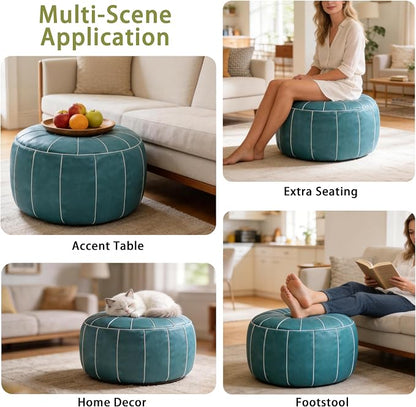 Thgonwid Unstuffed Moroccan Storage Pouf Foot Stool Ottoman Seat Handmade Faux Leather Bean Bag Floor Chair Foot Rest for Living Room, Bedroom or Balcony (Teal Blue)