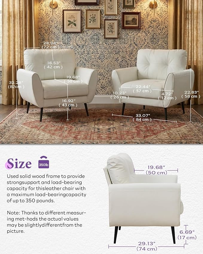 TYBOATLE Accent Chairs Set of 2, Comfy Modern Living Room Chair White Faux Leather Reading Accent Chairs Tufted Mid Century Arm Chair Small Salon Chairs for Office Bedroom (2, White)