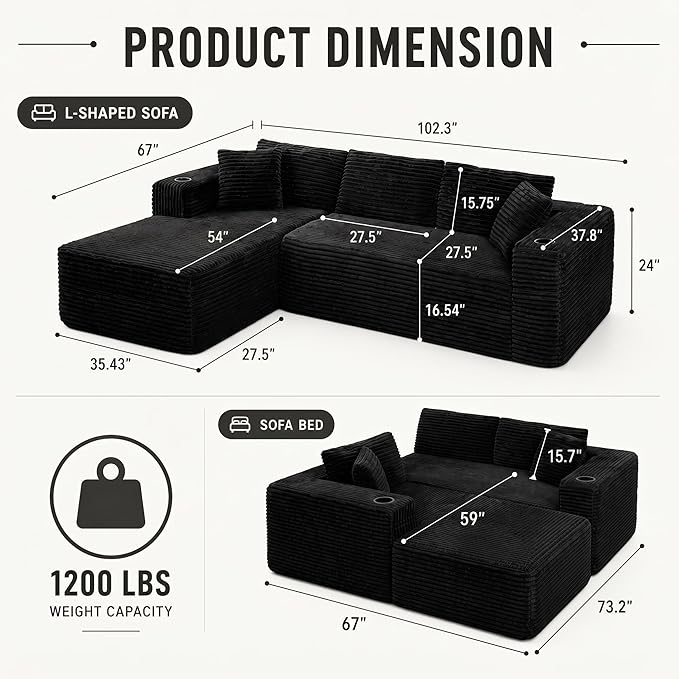 103” Cloud Sectional Couch, Convertible Boneless Couch, Modular L-Shaped Couch, Soft Friendly Fluffy Couch, No Assembly Required(Left-Facing, Black)