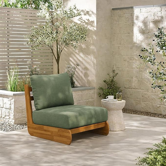 Merax Outdoor All-Weather Acacia Wood Single Sofa with Cushion, Patio Lounge Chair for Porch, Lawn, Backyard, Balcony, Green+Teak