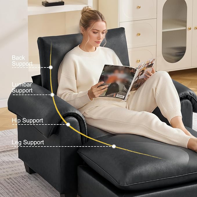 44.5" Faux Leather Single Sofa with Movable Ottoman, Oversized Accent Chair with Curved Armrests, Cloud Modern Sofa Upholstered Reading Lounge Armchair for Living Room, Bedroom，Black