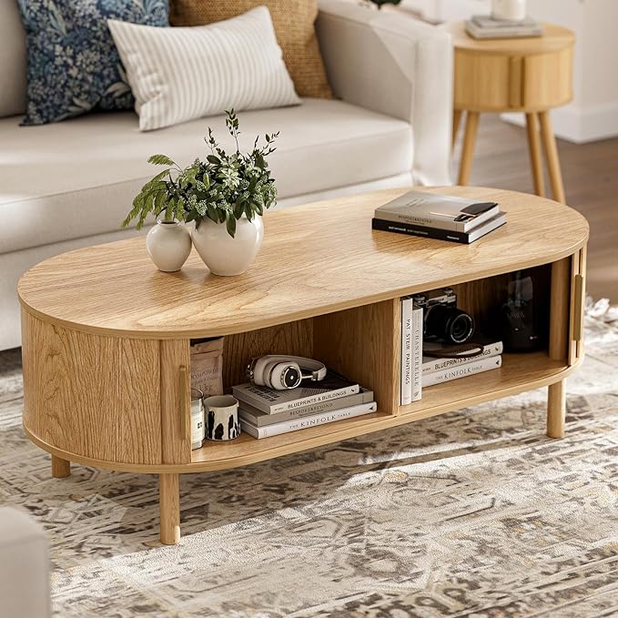ZttRiee Oval Coffee Table with Sliding Doors, Modern, Natural | 47.24"L x 21.65"W x 16.14"H, 200 lbs capacity, 2 front & back storage areas, ~60 min assembly