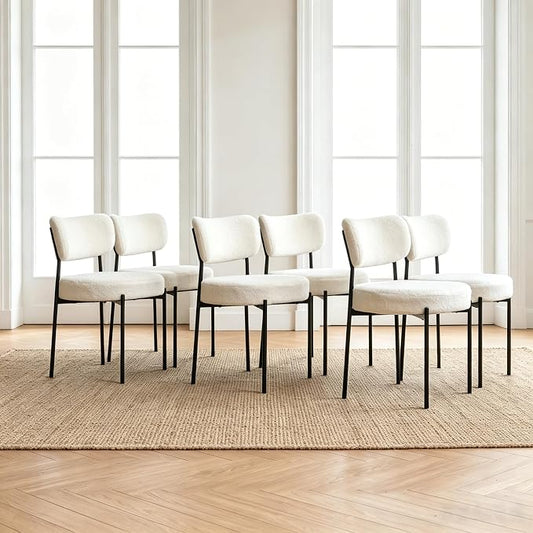 Boucle Dining Chairs Set of 6, White Mid Century Modern Kitchen Dining Room Chairs with Curved Backrest and Metal Frame, Round Upholstered Dining Chairs for Kitchen, Living Room