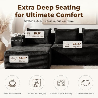 Modular Sectional U-Shaped Sofa with Deep Seat, Modern Boneless Comfy Corduroy Fluffy Couch with Side Pockets and Anti-Slip & Floor-Friendly Bottom for Living Room, No Assembly, Black