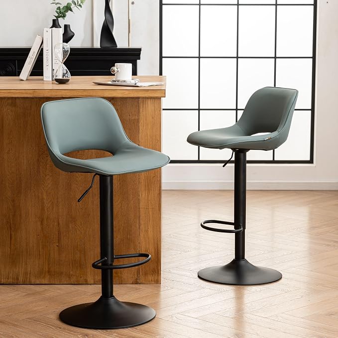 YOUNIKE Bar Stools Set of 2 Modern Swivel Barstools, Adjustable Counter Height Bar Stools Faux Leather Upholstered Counter Stools with Hollow Back for Kitchen Island, Greyish Green