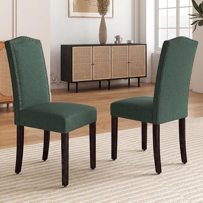 LSSBOUGHT Dining Chairs Set of 2, Upholstered Parsons Dining Room Chairs Fabric Kitchen Chairs with Solid Wood Frame and Nailhead Trim(Green, 2PCS)