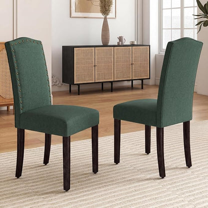 LSSBOUGHT Dining Chairs Set of 2, Upholstered Parsons Dining Room Chairs Fabric Kitchen Chairs with Solid Wood Frame and Nailhead Trim(Green, 2PCS)