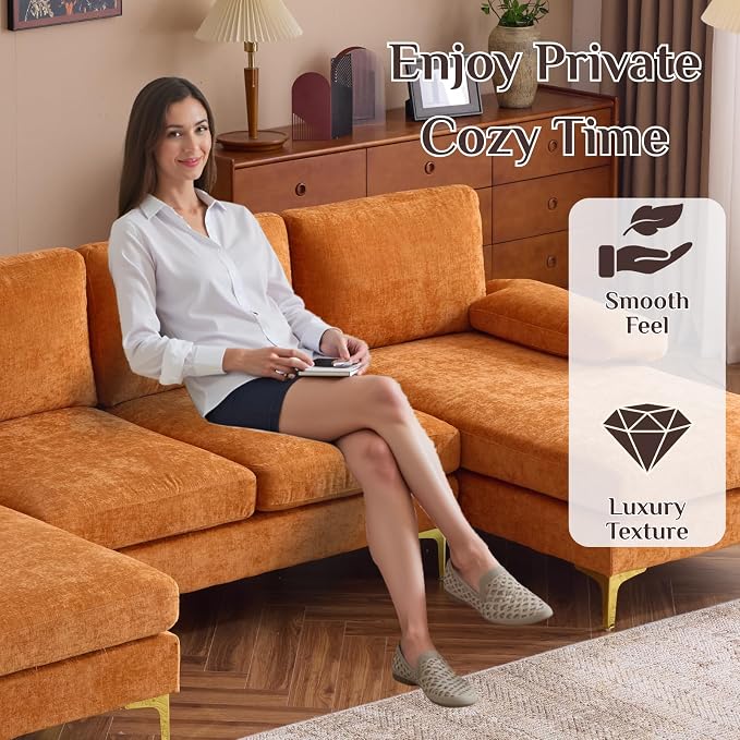 Karl home Convertible Sectional Sofa 110" U-Shape Sofa Couch 4-Seat Couch with Chaise ChenilleFabric Upholstered for Living Room, Apartment, Office, Orange