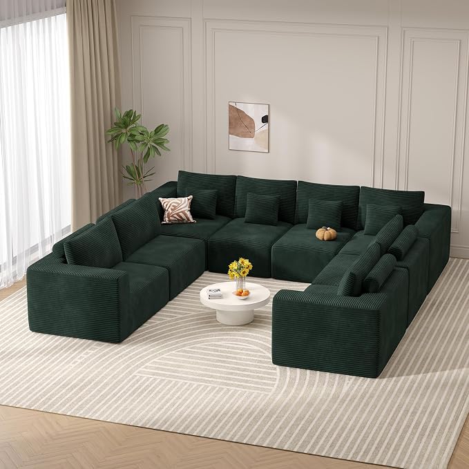 Modern U Shaped Modular Sectional Sofa, Convertible Oversized Cloud Couches for Living Room, Comfy 8 Seater Corduroy Boneless Couch Sofa Set, No Assembly Required, Beige 1 PCS