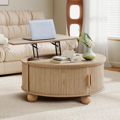 Fluted Round Lift Top Coffee Table with Hidden Storage, 33.5'' Modern Boho Center Table with Sliding Tambour Door & Solid Wood Legs, Circle Coffee Table for Living Room, Small Space, Natural