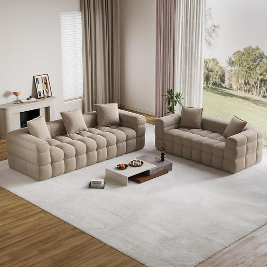 Chenille Cloud Sofa Couch Set with 5 Soft Pillows,Comfy Upholstered Chenille LoveSeat Sofa Set,Modern Deep Seat Sherpa Cloud Couch, Oversized Love Seat for Living Room,Light Brown