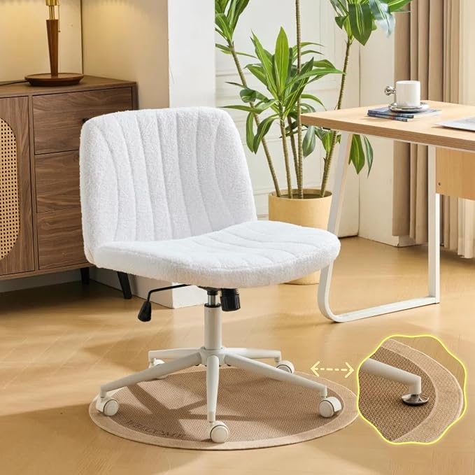 VINGLI Criss Cross Legged Chair,Wide Comfy Office Desk Chair,Dual-Use with/no Wheels Computer Task Chair,Swivel Armless Vanity Boucle Chair for Study,Make Up,Home Office,Teddy Fleece,White