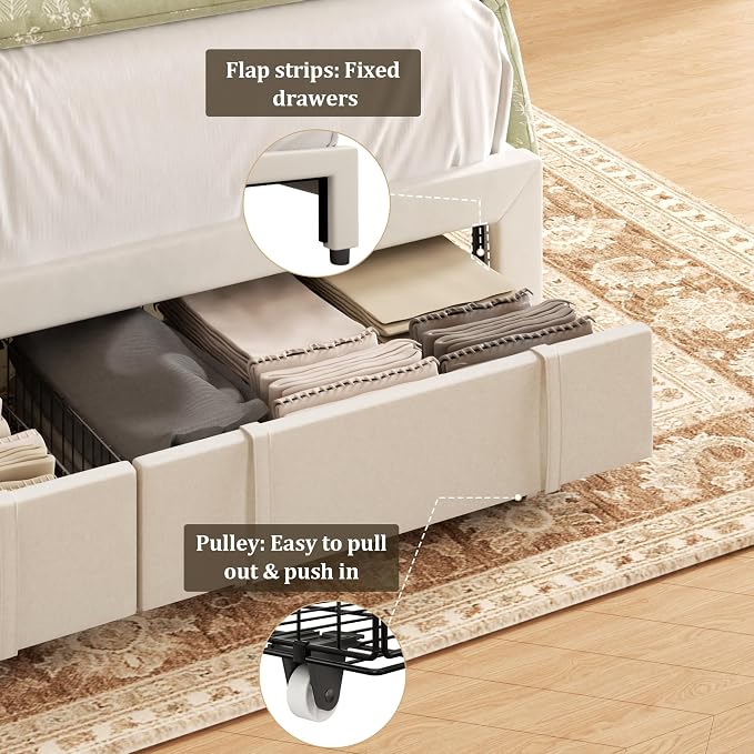King Bed Frame with Storage Drawers, Velvet Upholstered Platform Bed with 47" Tall Headboard and Wingboard, No Box Spring Needed, No Noise, Easy Assembly, Wooden Support Slats, Beige