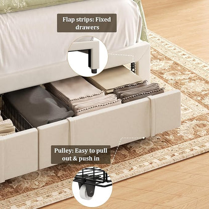 King Bed Frame with Storage Drawers, Velvet Upholstered Platform Bed with 47" Tall Headboard and Wingboard, No Box Spring Needed, No Noise, Easy Assembly, Wooden Support Slats, Beige