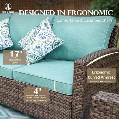 HERA'S HOUSE Outdoor Loveseat Patio Sofa, 2-Seat Wicker Couch with 4" Waterproof Thick Cushions, Deep Seating Furniture for Garden Porch Backyard, Blue