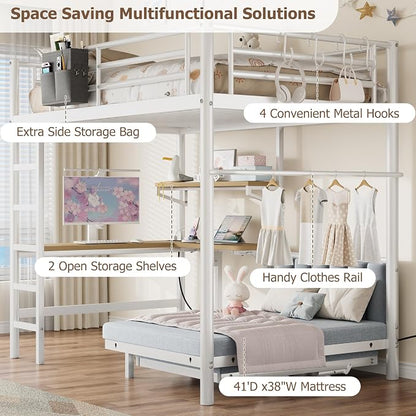Jocoevol Twin Loft Bed with Mattress, Dual-Access Bed, Pull-Out Folding Bed & L-Shaped Desk, Heavy Duty Metal Bunk Bed Frame with Safety Guardrails, Charging Station & Adjustable Shelves (Pearl White)
