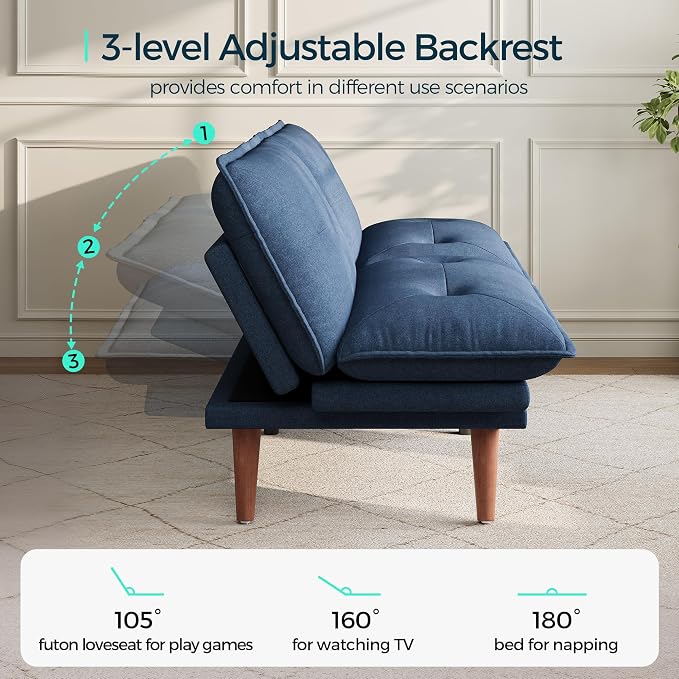 LINSY HOME Futon Sofa Bed, 70" Chenille Futon Couch with Adjustable Backrest Armrest, 3 in 1 Convertible Comfy Loveseat Sleeper Sofa Bed for Small Spaces Dorm Room Apartment Home Office, Dark Blue